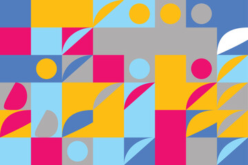 Vibrant geometric pattern with colorful shapes and leaves on blue background