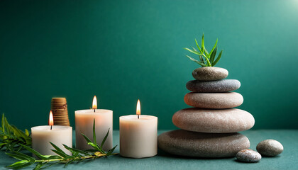 Stacked Candles In Small Pots On Smooth Stones Against A Teal Background In A Spa Setting