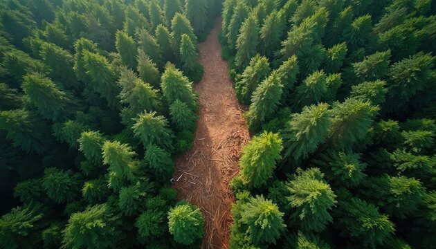 Aerial drone view of forest logging site. Cut trees form path through dense green conifers. Ground shows dirt and debris from removed timber. Environmental damage visible from above. - Powered by Adobe
