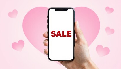 Exciting online shopping valentine sale smartphone in hand creative promotion festive environment close-up viewpoint digital concept