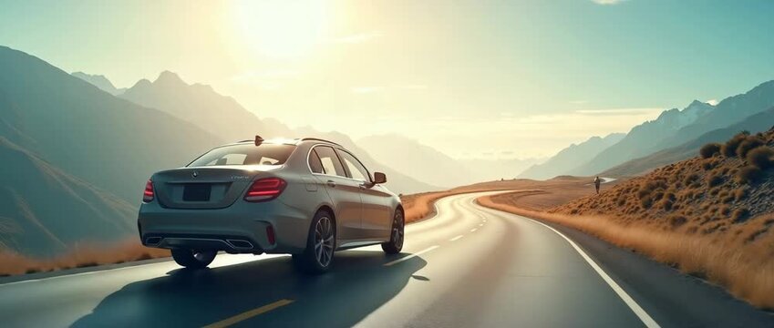 Sleek car glides along winding mountain road at sunrise, camera gently tracking, with golden light casting dramatic shadows in a cinematic landscape, perfect for travel and adventure themes.
