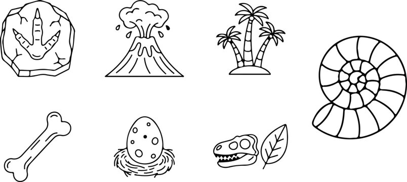 Comprehensive collection of minimalist thin line paleontology icons featuring dinosaur fossils, footprints, prehistoric eggs, volcanic eruptions, ammonite shells, and ancient bones on white background