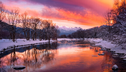 Winter River Reflecting A Fiery Sunset Mountains Border The Water Capped With Snow Bare Trees Line The Banks The Sky Ablaze With Vibrant Pink And Orange Hues