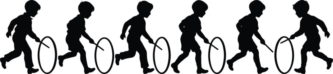 Boy silhouette sequence playing with hoop toy, childhood activity concept, playful motion, vintage game, kid movement, black and white illustration © Md