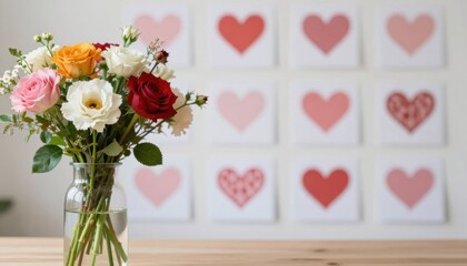 Valentine's day online shopping for floral gifts cozy home setting beautiful bouquet romantic environment heartwarming concept