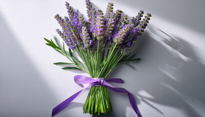 Lavender Bouquet With Green Stems Tied With A Ribbon Casting A Soft Shadow On A Light Background