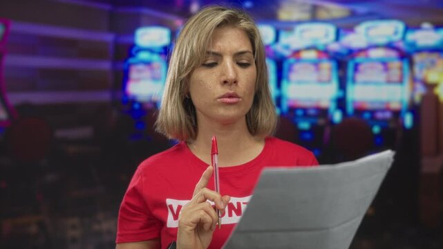 Young volunteer woman pointing finger to paper by glowing slot machines in casino building; concentration.