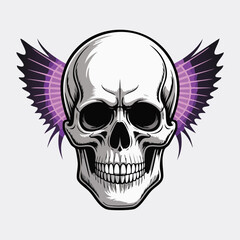 Skull with purple wings graphic illustration.