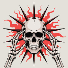 Fototapeta premium Skull surrounded by spikes and fiery rays.