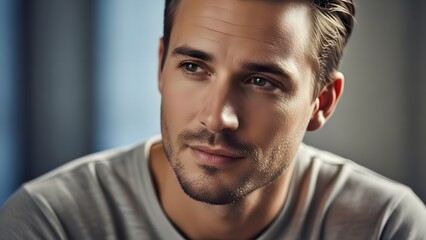 Handsome man looking sideways with a subtle smile and thoughtful expression, captured in a well-lit indoor setting