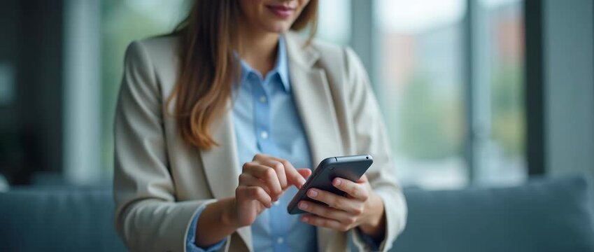 Professional woman in business attire uses smartphone in modern office, with gentle ambient light flickering, as camera slowly pans to capture serene, productive atmosphere.