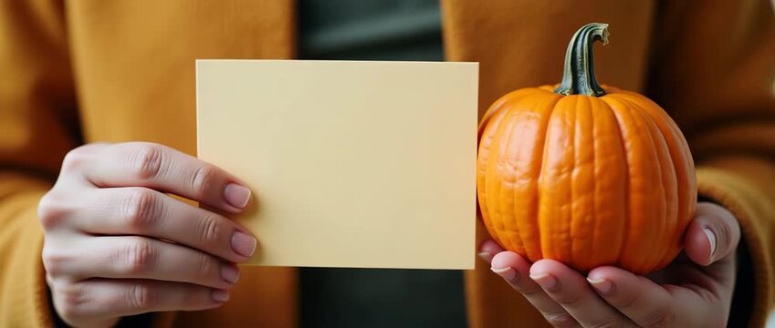 Cozy autumn scene with hands gently showcasing a small pumpkin and blank card, as camera slowly pans, capturing warm hues and soft lighting in a cinematic, inviting ambiance.