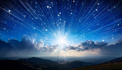 Heaven Opens Above The Earth As A Celestial Shower Of Stars Descends Gradually Forming A Radiant Nativity Scene In The Sky A Divine Magical Vision Of Christmas Night