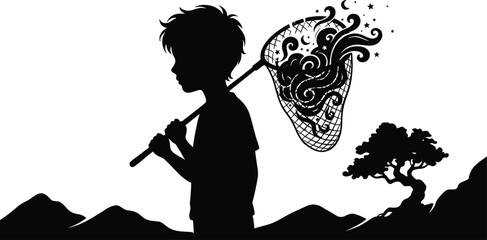 Child silhouette catching dreams with magic net, imagination and creativity concept, fantasy night symbols and stars, poetic monochrome vector illustration © Md