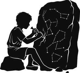 Child silhouette carving constellations on stone, imagination meets astronomy concept, creative storytelling of stars and myths, minimalist monochrome vector illustration © Md