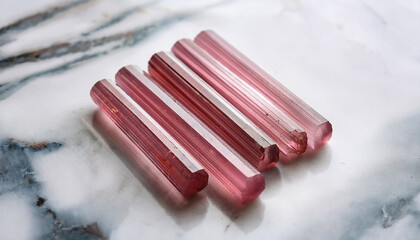 Pink Tourmaline Rods Arranged On White Marble With A Rough Textured Appearance