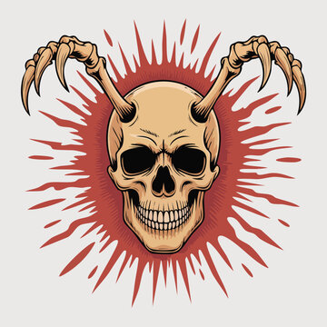 Demonic skull with spiked horns and radiant background.