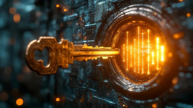 A golden key unlocks a futuristic digital lock with glowing data streams. A metaphor for cybersecurity, unlocking potential, and finding solutions. Perfect for tech, business, and educational content.