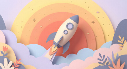 Papercraft rocket launching into a colorful layered sun and cloudscape