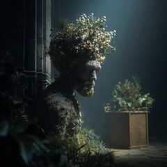 A weathered statue adorned with foliage, bathed in dim light, evoking a sense of ancient mystery.