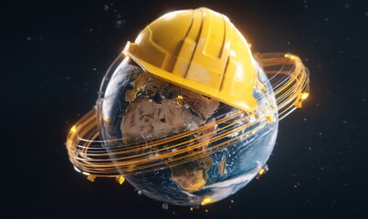 A conceptual image of Earth wearing a yellow construction helmet, surrounded by glowing rings.