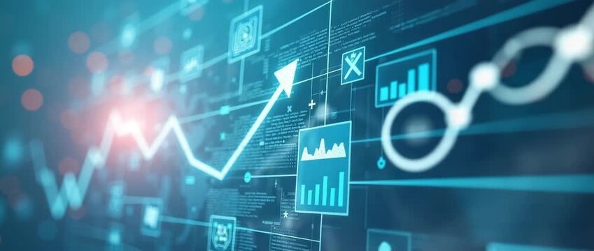 Dynamic financial growth visualization with digital charts and graphs; camera slowly pans across the scene, highlighting data analytics in a modern, cinematic style with ambient light flicker.