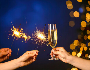 Hands holding sparklers and champagne glass celebrating New Year's Eve party celebration