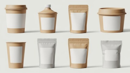 Disposable coffee cups and snack packaging mockups