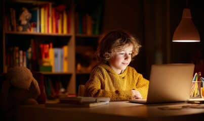 A young child with curly hair is illuminated by a desk lamp while using a laptop.