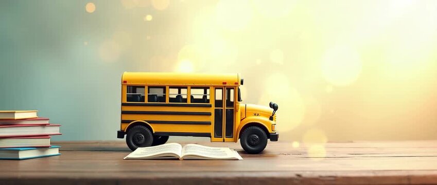 A toy school bus rolls gently past stacked books while the camera slowly pans, capturing the serene nostalgia of educational journeys in a warm, cinematic style.