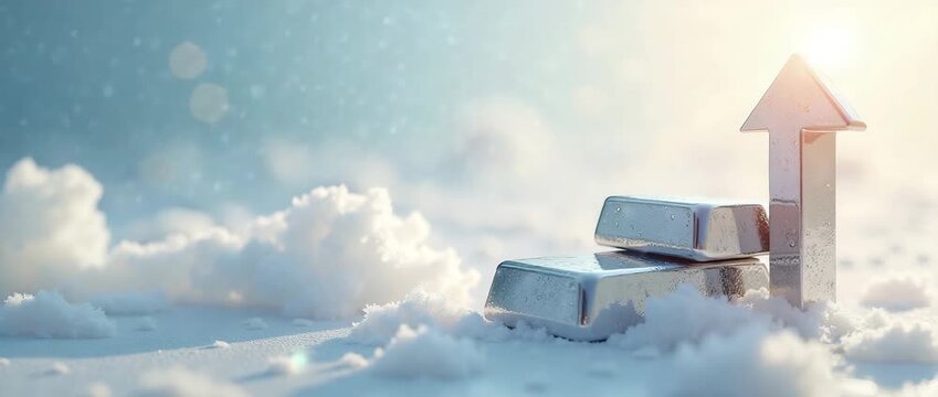 Silver bars glisten against a snowy backdrop as the camera slowly pans, capturing the sunlight reflecting off an upward arrow, symbolizing financial growth in a cinematic style.