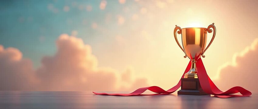 Golden trophy glistens in the sunlight on a wooden table as the camera slowly pans, capturing gentle clouds drifting in a cinematic, motivational scene full of inspiration.