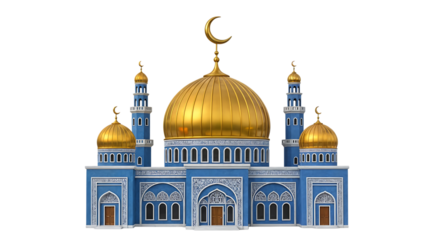 3D Rendered Mosque with Golden Dome and Minarets