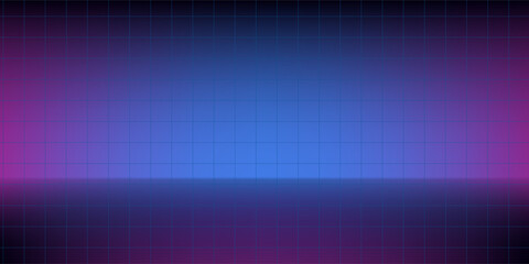 Neon background in 80s style, laser grid illustration with floor and shiny white door. Abstract disco club interior with star sky, poster template for vaporwave, synthwave music style.