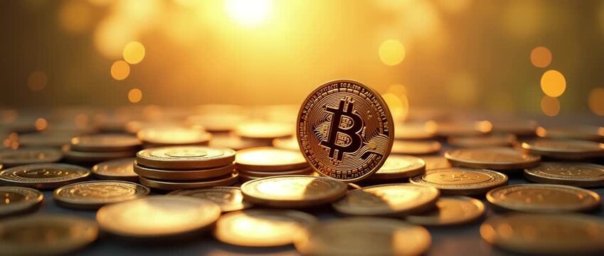 Golden bitcoin coins shimmer in the warm glow of sunset, gently reflecting light with a slow camera pan across a tranquil landscape, evoking a cinematic, digital finance theme.