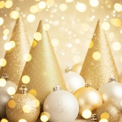 Elegant, glittering gold Christmas decorations with soft bokeh lights create a festive mood. Ideal for holiday marketing, advertising, or social media
