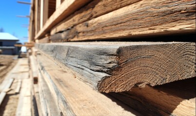 Close-up view of weathered wooden planks, showing texture and construction details of a building.