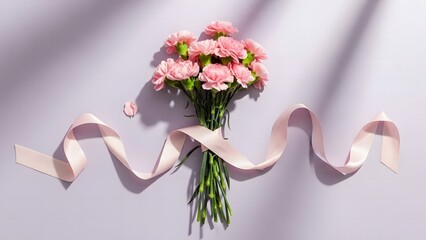 Pink Carnation Bouquet with Flowing Satin Ribbon Keywords: pink carnations, bouquet, flowers