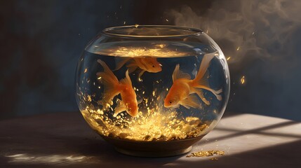 An ovel shaped aquarium with gold fishes