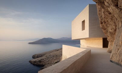 Modern architectural design of a building with a minimalist aesthetic, overlooking the sea.