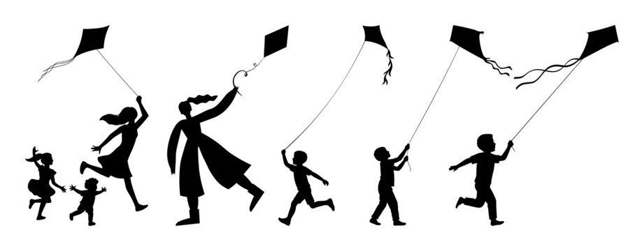 silhouette of kids  with kite s flying for festival and holidays