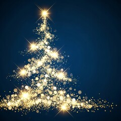 Festive Christmas tree made of golden lights and bokeh on a dark blue background. Great for holiday marketing, seasonal advertising, or social media p