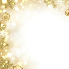 Festive golden Christmas background with ornaments and bokeh lights, perfect for holiday greetings or seasonal marketing materials. Celebratory and jo