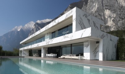 Modern luxury home with a swimming pool and mountain backdrop.