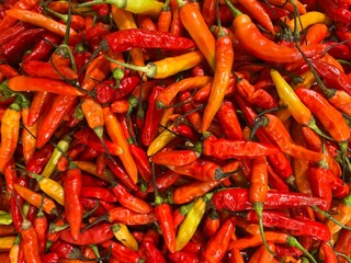 View from above of fresh chillies in the market
