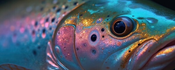 Close up on iridescent rainbow trout fish scales texture. Shiny aquatic animal shows complex natural pattern with pink, gold, blue colors. Fresh seafood detail with wet surface.