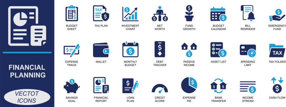 Financial planning Solid vector icon set. Featuring budget, savings, income, tax, expense, loan, and report symbols. Perfect for apps, UI, fintech, dashboards, and reports.