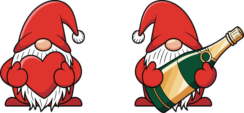 Cute Christmas Gnomes Vector Set Featuring Festive Characters Holding a Large Red Heart and Champagne