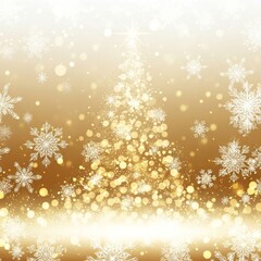Golden Christmas tree background with snowflakes and bokeh. Ideal for holiday marketing materials, websites, or social media to evoke a festive and wa