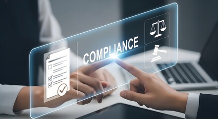 Illustration of business people interacting with a futuristic digital interface showing compliance checklist and law scales icon for regulation concept
